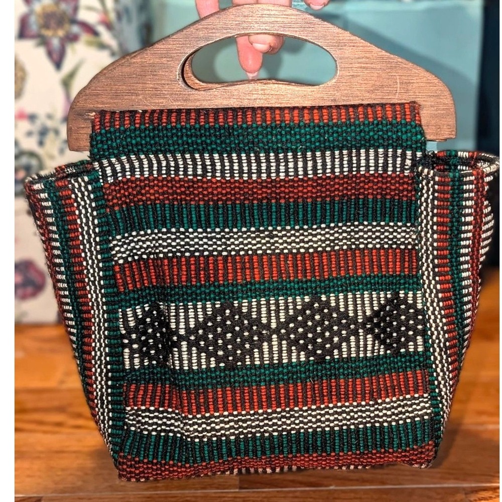 Boho Southwestern Handwoven Mexican Serape Wooden Handle Artisan Tote Purse Bag